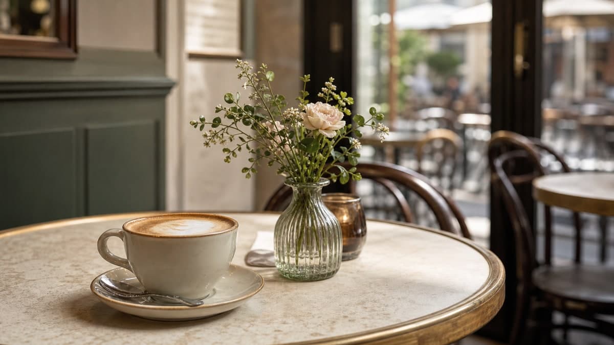 Kaffeetasse auf einem Cafétisch in Düsseldorf