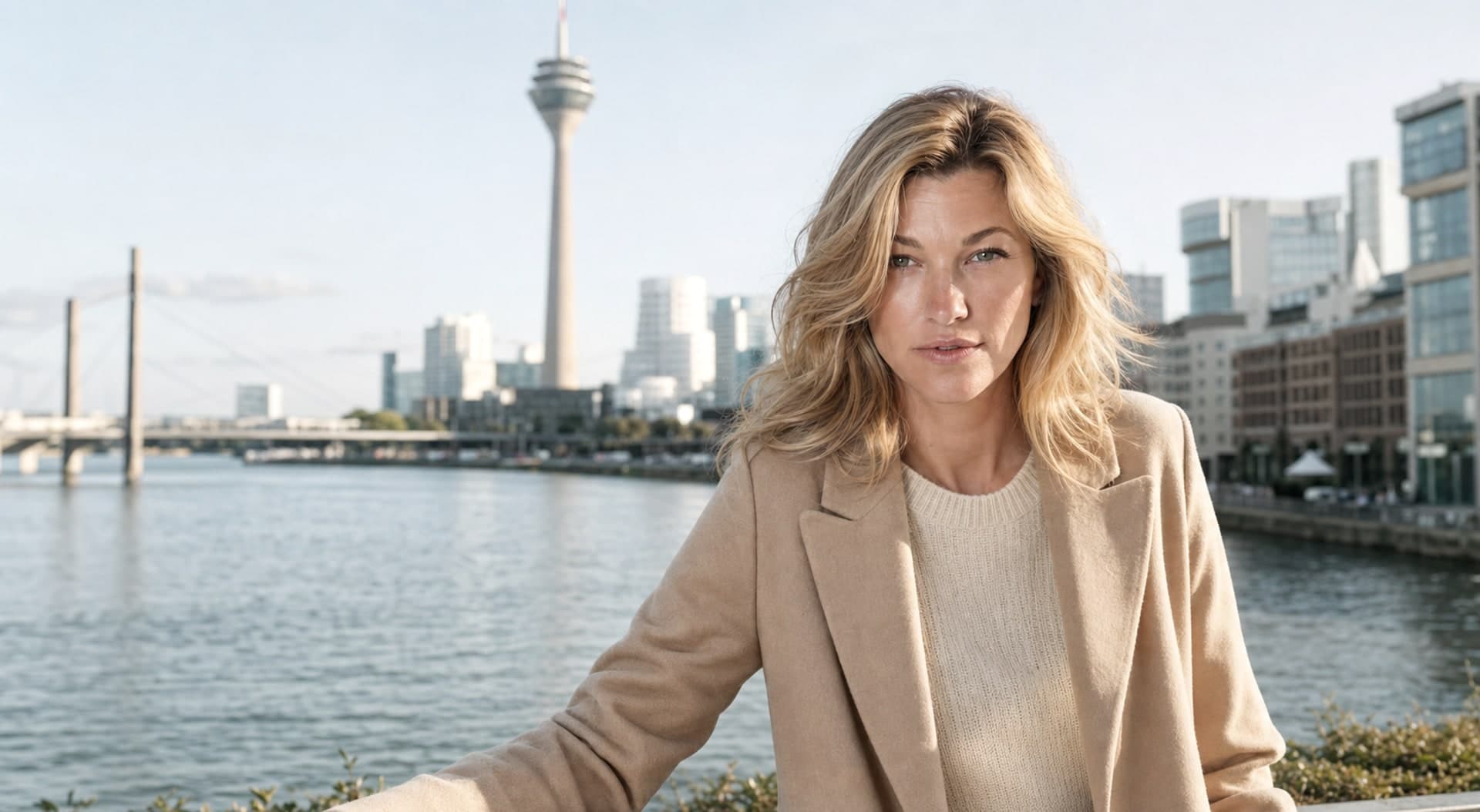 Nicole Junkermann am Rhein in Düsseldorf mit Rheinturm und Skyline im Hintergrund
